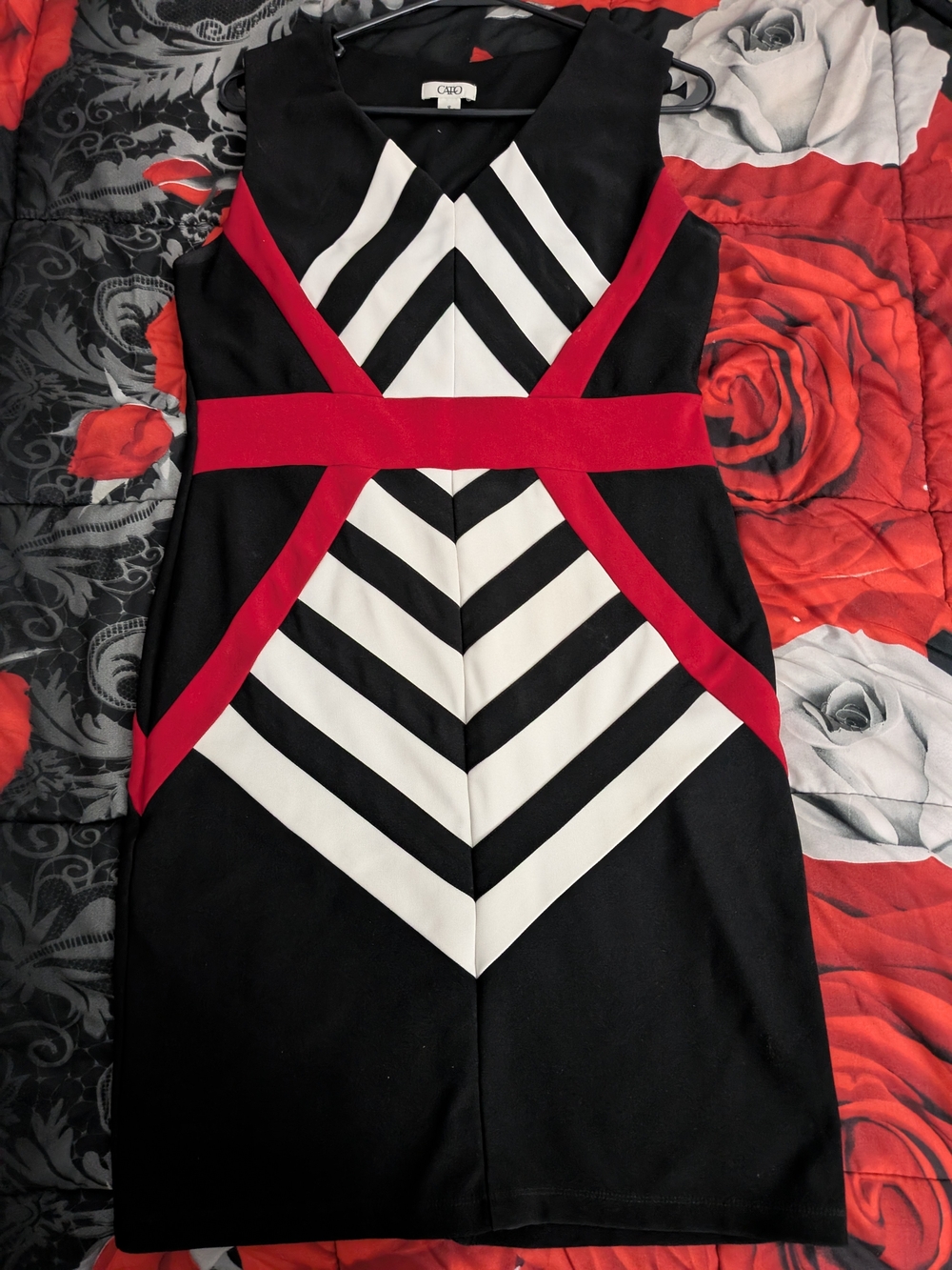 Cato Black, White & Red Chevron Panel Dress